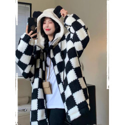 美式復古棋盤格羊羔毛絨外套女冬季夾棉加厚寬松連帽搖粒絨棉衣服