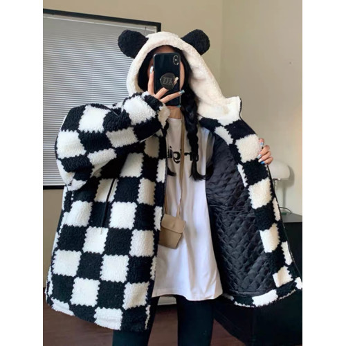 美式復古棋盤格羊羔毛絨外套女冬季夾棉加厚寬松連帽搖粒絨棉衣服 美式復古棋盤格羊羔毛絨外套女冬季夾棉加厚寬松連帽搖粒絨棉衣服
