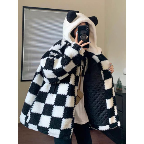 美式復古棋盤格羊羔毛絨外套女冬季夾棉加厚寬松連帽搖粒絨棉衣服 美式復古棋盤格羊羔毛絨外套女冬季夾棉加厚寬松連帽搖粒絨棉衣服