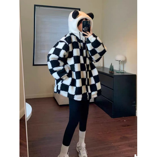 美式復古棋盤格羊羔毛絨外套女冬季夾棉加厚寬松連帽搖粒絨棉衣服 美式復古棋盤格羊羔毛絨外套女冬季夾棉加厚寬松連帽搖粒絨棉衣服