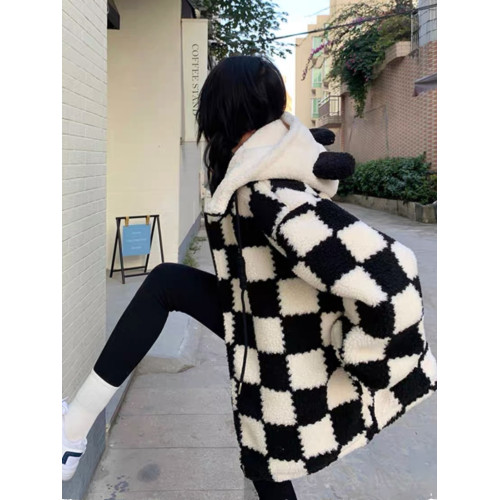 美式復古棋盤格羊羔毛絨外套女冬季夾棉加厚寬松連帽搖粒絨棉衣服 美式復古棋盤格羊羔毛絨外套女冬季夾棉加厚寬松連帽搖粒絨棉衣服