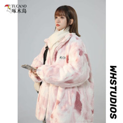 啄木鳥粉色羊羔毛外套女2025新款大碼棉衣棉服秋冬加厚小個子棉襖