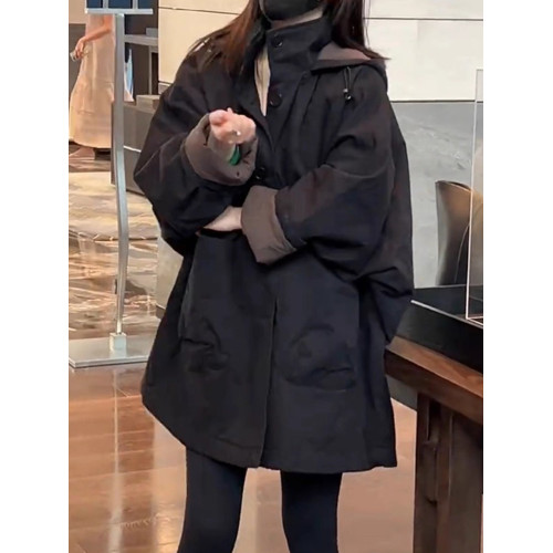 高級感休閒寬松中長款夾棉黑色外套女秋冬新款連帽棉衣棉服女冬季 高級感休閒寬松中長款夾棉黑色外套女秋冬新款連帽棉衣棉服女冬季