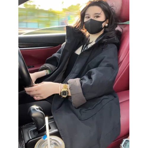 高級感休閒寬松中長款夾棉黑色外套女秋冬新款連帽棉衣棉服女冬季 高級感休閒寬松中長款夾棉黑色外套女秋冬新款連帽棉衣棉服女冬季