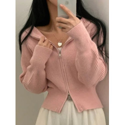 韓國chic秋季法式減齡設計感雙拉鍊連帽針織開衫修身短款毛衣外套