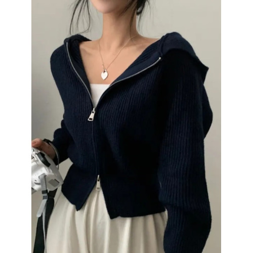 韓國chic秋季法式減齡設計感雙拉鍊連帽針織開衫修身短款毛衣外套 韓國chic秋季法式減齡設計感雙拉鍊連帽針織開衫修身短款毛衣外套