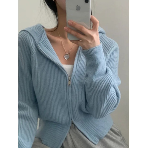 韓國chic秋季法式減齡設計感雙拉鍊連帽針織開衫修身短款毛衣外套 韓國chic秋季法式減齡設計感雙拉鍊連帽針織開衫修身短款毛衣外套