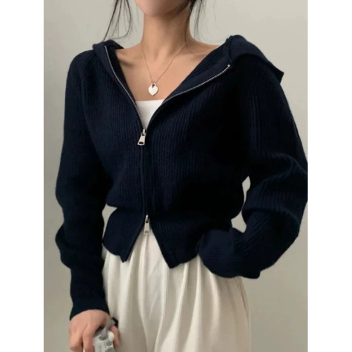 韓國chic秋季法式減齡設計感雙拉鍊連帽針織開衫修身短款毛衣外套 韓國chic秋季法式減齡設計感雙拉鍊連帽針織開衫修身短款毛衣外套