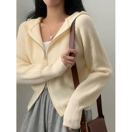 韓國chic秋季法式減齡設計感雙拉鍊連帽針織開衫修身短款毛衣外套 韓國chic秋季法式減齡設計感雙拉鍊連帽針織開衫修身短款毛衣外套