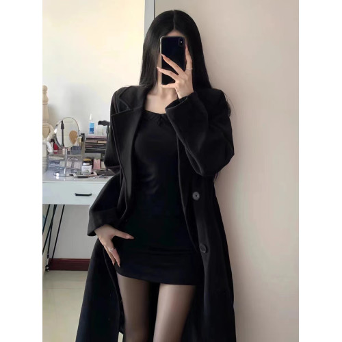 赫本風黑色西裝毛呢外套女秋冬季2025新款小個子高級感中長款大衣