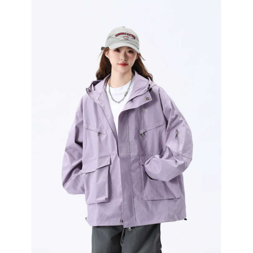 戶外防水工裝紫色沖鋒衣連帽夾克棉服外套女秋冬季2025新款寬松潮
