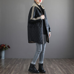 PU皮皮衣女秋冬連帽中長款休閒長袖復古拼接百搭顯瘦保暖棉服外套