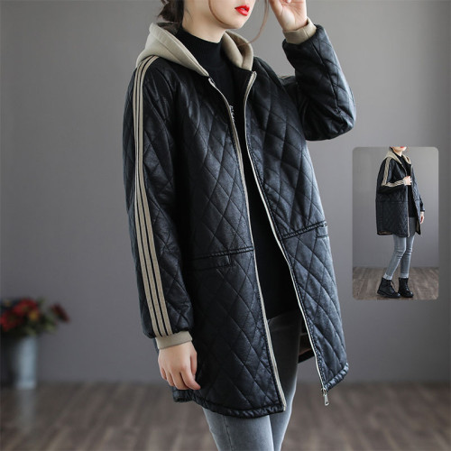 PU皮皮衣女秋冬連帽中長款休閒長袖復古拼接百搭顯瘦保暖棉服外套