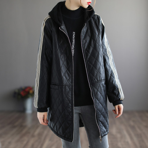 PU皮皮衣女秋冬連帽中長款休閒長袖復古拼接百搭顯瘦保暖棉服外套