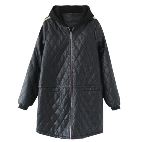 PU皮皮衣女秋冬連帽中長款休閒長袖復古拼接百搭顯瘦保暖棉服外套