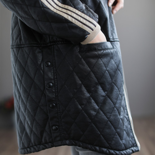 PU皮皮衣女秋冬連帽中長款休閒長袖復古拼接百搭顯瘦保暖棉服外套