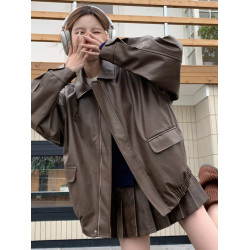 皮衣外套女2025新款秋冬季復古棕色寬松加絨加厚美拉德機車皮夾克