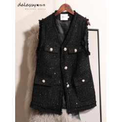 2025新款秋裝小香風馬甲女春秋大碼中長款坎肩編織粗花呢馬夾黑色