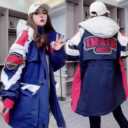 冬沖鋒衣連帽棉服重工刺綉撞色加棉加肥收腰歐貨新款中長款加厚潮