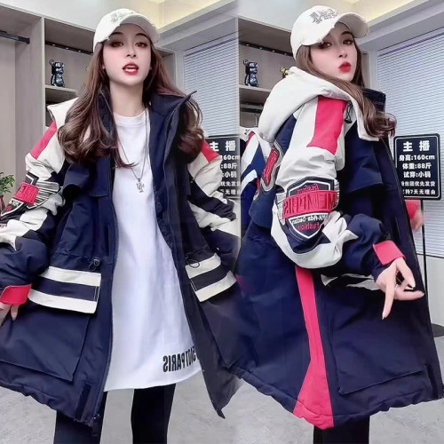 冬沖鋒衣連帽棉服重工刺綉撞色加棉加肥收腰歐貨新款中長款加厚潮