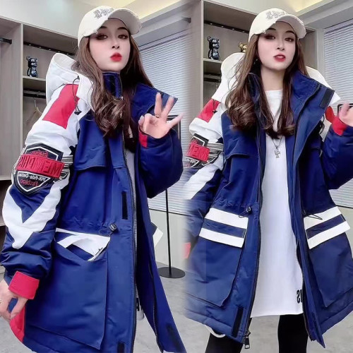 冬沖鋒衣連帽棉服重工刺綉撞色加棉加肥收腰歐貨新款中長款加厚潮