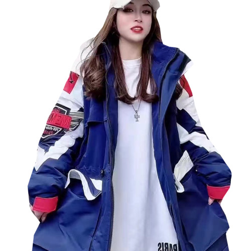 冬沖鋒衣連帽棉服重工刺綉撞色加棉加肥收腰歐貨新款中長款加厚潮