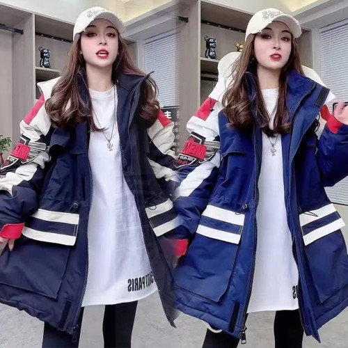 冬沖鋒衣連帽棉服重工刺綉撞色加棉加肥收腰歐貨新款中長款加厚潮