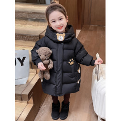 女小童中長款棉服冬裝新款洋氣女寶寶小熊加厚棉衣小女孩時髦外套