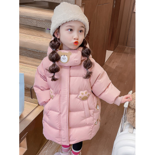 女小童中長款棉服冬裝新款洋氣女寶寶小熊加厚棉衣小女孩時髦外套