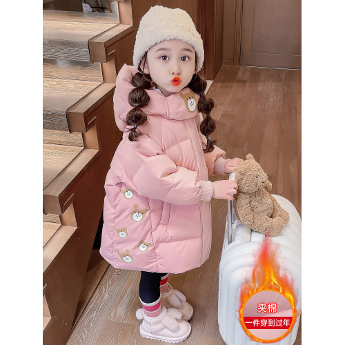 女小童中長款棉服冬裝新款洋氣女寶寶小熊加厚棉衣小女孩時髦外套