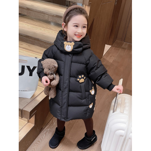 女小童中長款棉服冬裝新款洋氣女寶寶小熊加厚棉衣小女孩時髦外套