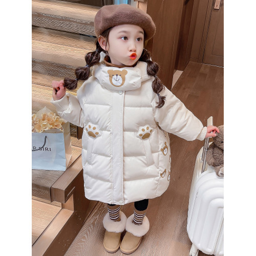 女小童中長款棉服冬裝新款洋氣女寶寶小熊加厚棉衣小女孩時髦外套