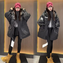 夾棉秋冬防風衣連帽重工刺綉大碼加肥收腰歐貨潮流新款中長款加厚