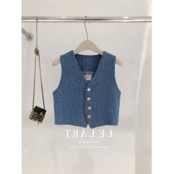 極簡ins風藍色粗花呢牛仔小香風馬甲女名媛高級感v領氣質背心上衣