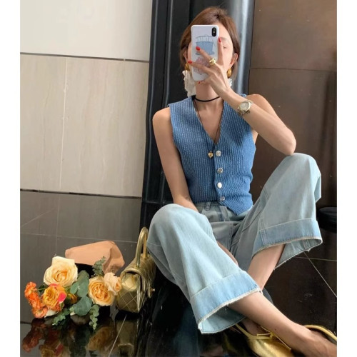 極簡ins風藍色粗花呢牛仔小香風馬甲女名媛高級感v領氣質背心上衣 極簡ins風藍色粗花呢牛仔小香風馬甲女名媛高級感v領氣質背心上衣