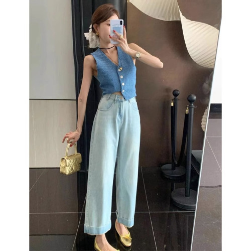 極簡ins風藍色粗花呢牛仔小香風馬甲女名媛高級感v領氣質背心上衣 極簡ins風藍色粗花呢牛仔小香風馬甲女名媛高級感v領氣質背心上衣