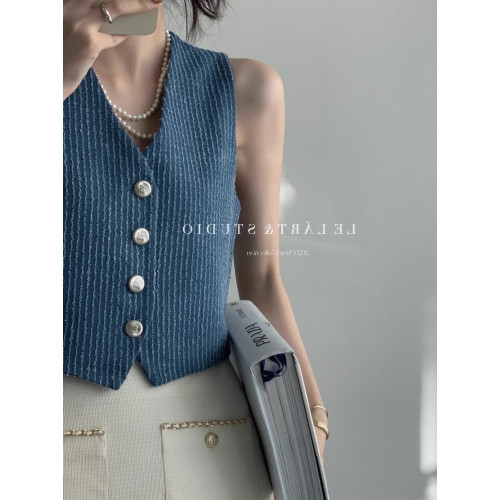 極簡ins風藍色粗花呢牛仔小香風馬甲女名媛高級感v領氣質背心上衣 極簡ins風藍色粗花呢牛仔小香風馬甲女名媛高級感v領氣質背心上衣