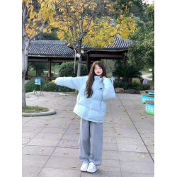 淺藍色三條杠羽絨棉服女大童2025冬季初中高中學生加厚麵包服外套