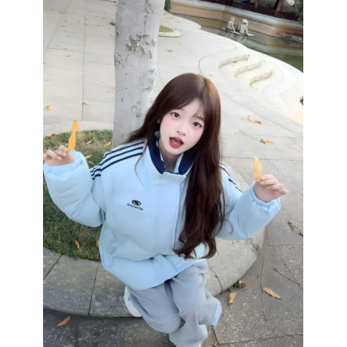 淺藍色三條杠羽絨棉服女大童2025冬季初中高中學生加厚麵包服外套 淺藍色三條杠羽絨棉服女大童2025冬季初中高中學生加厚麵包服外套
