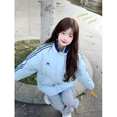 淺藍色三條杠羽絨棉服女大童2025冬季初中高中學生加厚麵包服外套 淺藍色三條杠羽絨棉服女大童2025冬季初中高中學生加厚麵包服外套
