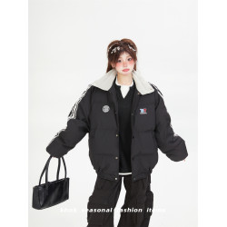 刺綉加厚保暖寬松紅色棉服女2025新款冬季美式高街棉衣麵包服棉襖