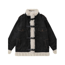 美式復古皮毛一體羊羔毛外套女冬設計感小衆寬鬆加絨加厚機車棉服