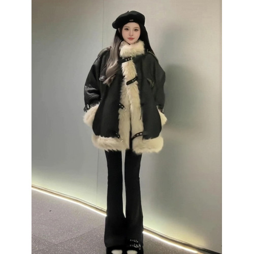 美式復古皮毛一體羊羔毛外套女冬設計感小衆寬鬆加絨加厚機車棉服