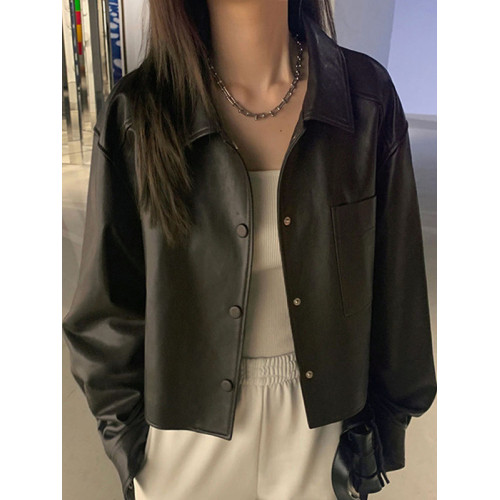復古港味PU皮衣外套女2022春秋新款小個子寬松短款機車夾克上衣服 復古港味PU皮衣外套女2022春秋新款小個子寬松短款機車夾克上衣服