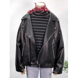 pu皮衣女春秋BF風帥氣機車皮夾克寬松大翻領長袖開衫加絨皮衣外套