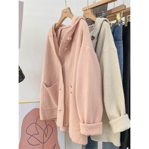 秋冬粉色外套開衫毛衣上衣女外搭寬松顯瘦溫柔風軟糯甜美連帽大衣