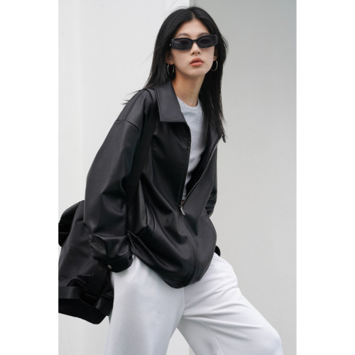 2023新款皮衣外套女港風寬松休閒簡約酷帥黑色pu皮夾克秋季流行 2023新款皮衣外套女港風寬松休閒簡約酷帥黑色pu皮夾克秋季流行