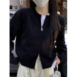 小香風黑色雙拉鍊毛衣外套女秋冬加厚外搭短款針織開衫打底上衣潮
