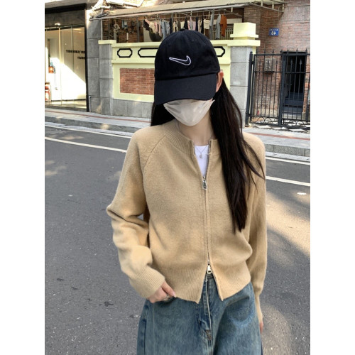 小香風黑色雙拉鍊毛衣外套女秋冬加厚外搭短款針織開衫打底上衣潮 小香風黑色雙拉鍊毛衣外套女秋冬加厚外搭短款針織開衫打底上衣潮