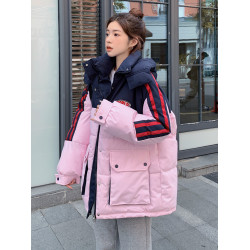 棉服女2025年冬季新款工裝拼色麵包服寬松學院風情侶加厚保暖外套